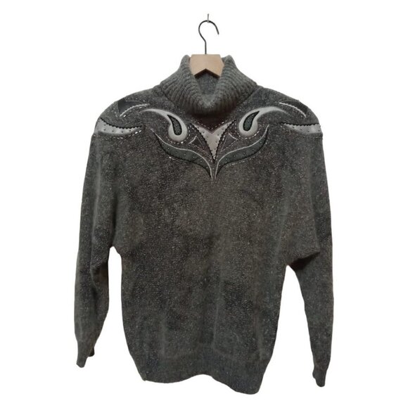 Rediffusion Vintage Silk Angora Beaded Embroidered Turtleneck Sweater Sz L - Picture 1 of 7
